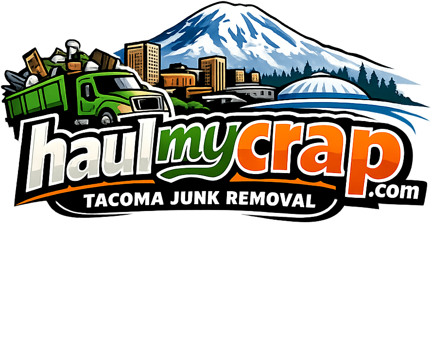 haulmycrap.com Tacoma Junk Removal logo with a green hauling truck, Mount Rainier, Tacoma skyline and bridge